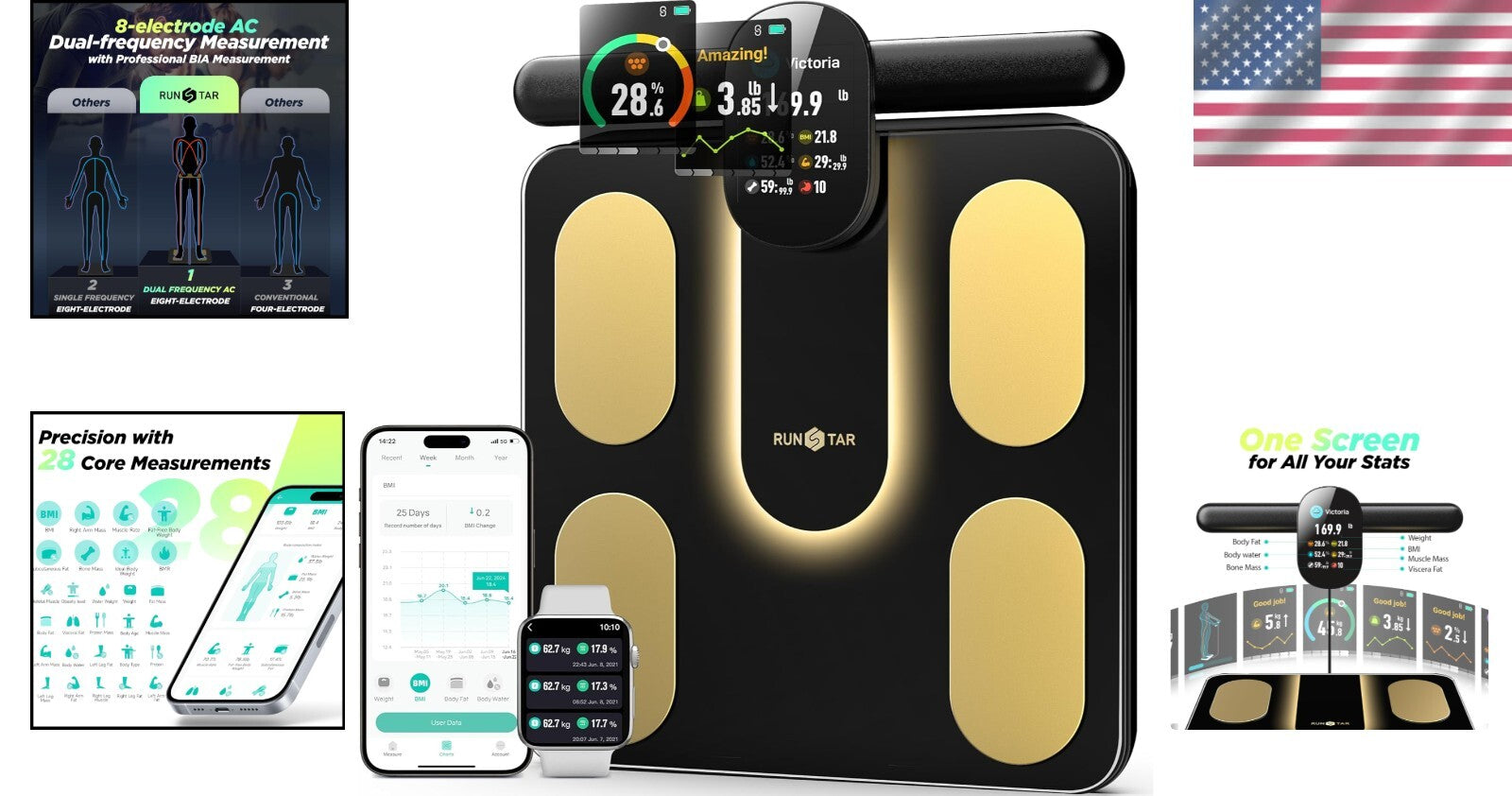 Digital Smart Scale for Body Composition - 8 Electrodes & APP Sync - Black