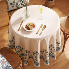 Load image into Gallery viewer, Farmhouse Vintage Linen Tablecloth for 67" Round Dining Tables - Floral Design
