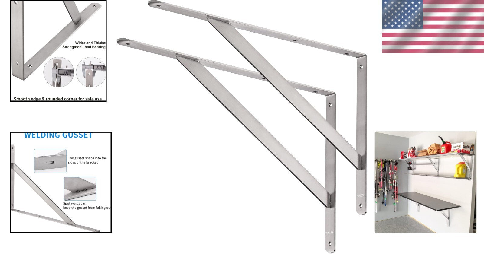 Stainless Steel 20" Shelf Brackets - 550lb Capacity, Ideal for DIY Projects