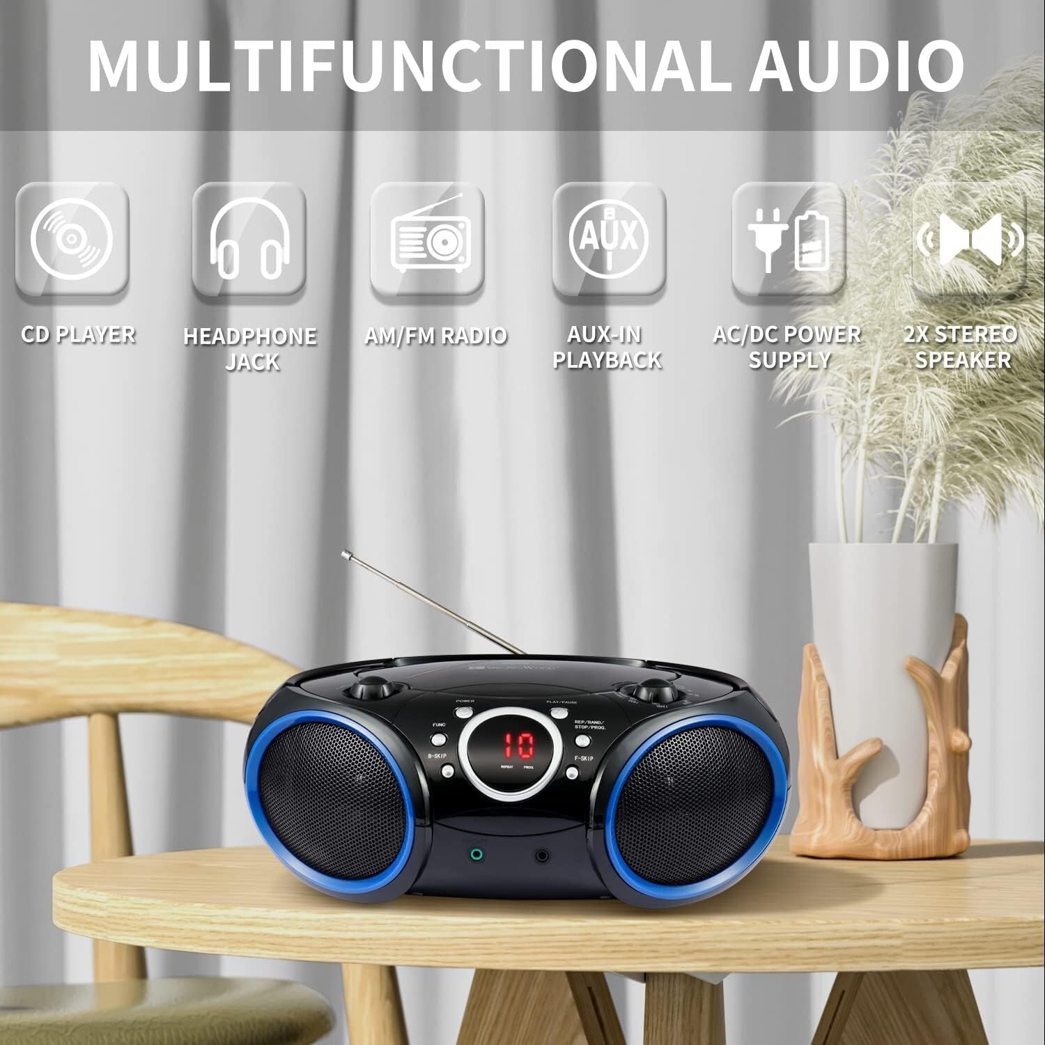 030C Portable CD Player Boombox with AM/FM Radio & Aux for Easy Connectivity
