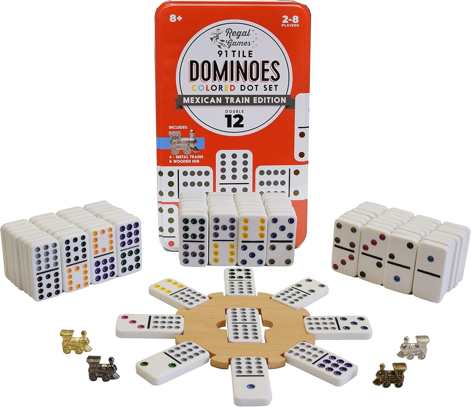 Double 12 Mexican Train Domino Set with 91 Colorful Tiles & 4 Metal Trains