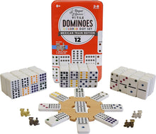 Load image into Gallery viewer, Double 12 Mexican Train Domino Set with 91 Colorful Tiles &amp; 4 Metal Trains
