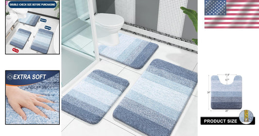 Fluffy High Pile Blue Bathroom Rug Set, Quick Dry & Machine Washable - 3 Pieces