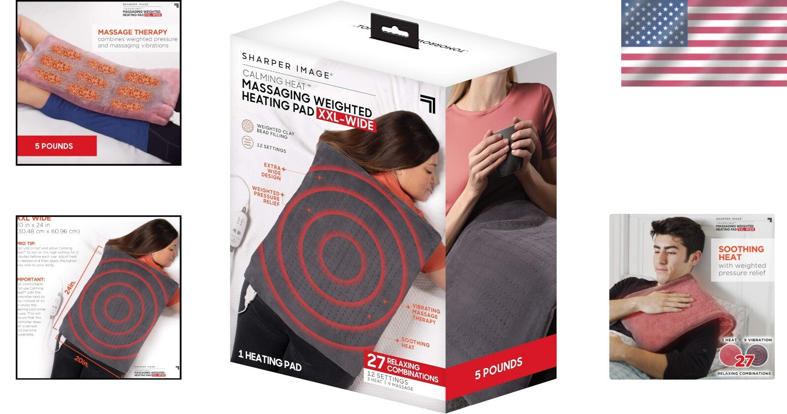 Calming Heat Electric Heating Pad with Massaging Vibrations - Plush Grey Comfort