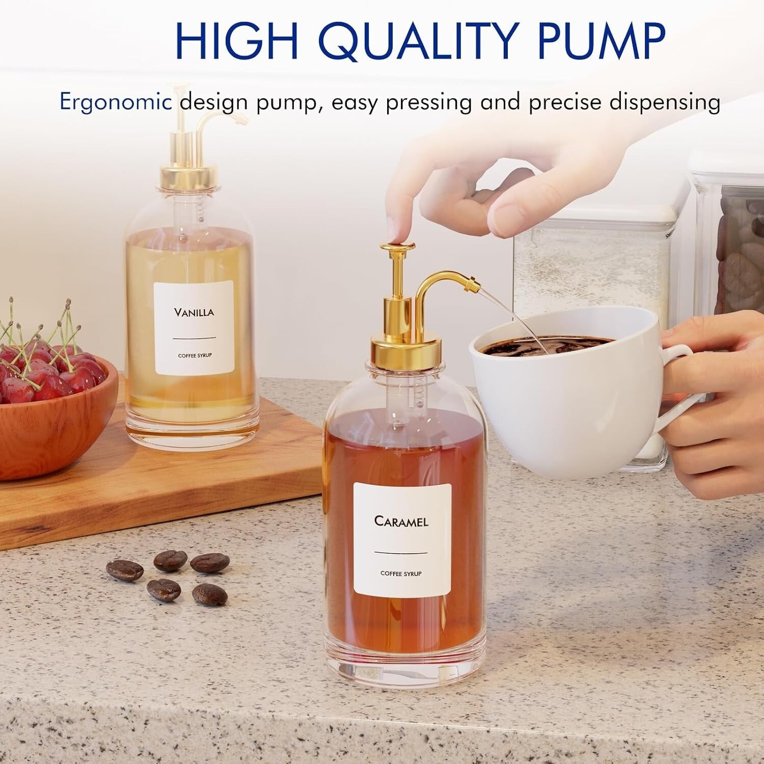 Elegant 6-Piece Glass Coffee Syrup Dispenser Set with Gold Pumps & Labels