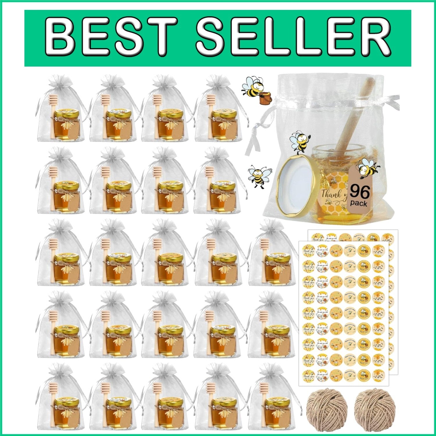 Cute 96 Pack Glass Honey Jars with Accessories – Ideal for Weddings & Birthdays