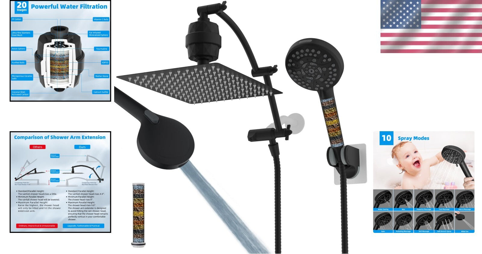 Premium 16'' Adjustable Arc Shower Arm with 12'' Square Rainfall Shower Head