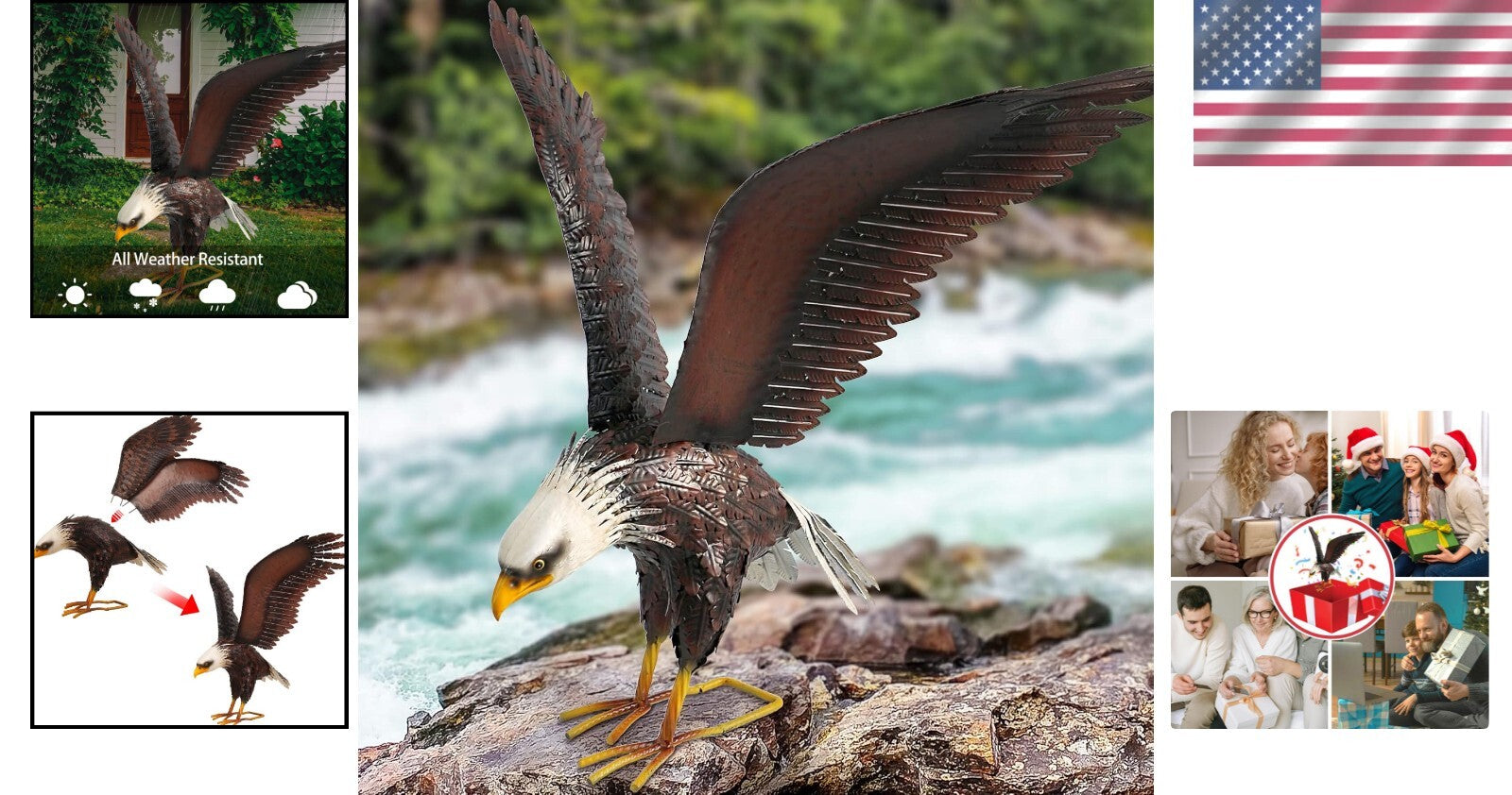 Large 40.5-Inch Swooping Bald Eagle Statue - Lifelike Outdoor Decor for Garden