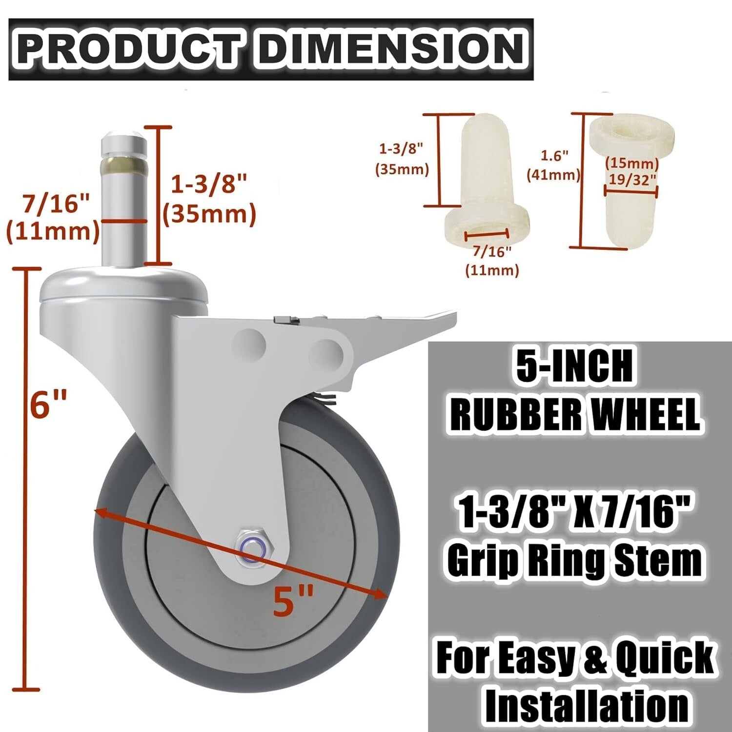 Durable 5-Inch Rubber Wheels Replacement Casters - 4 Pack for Smooth Mobility