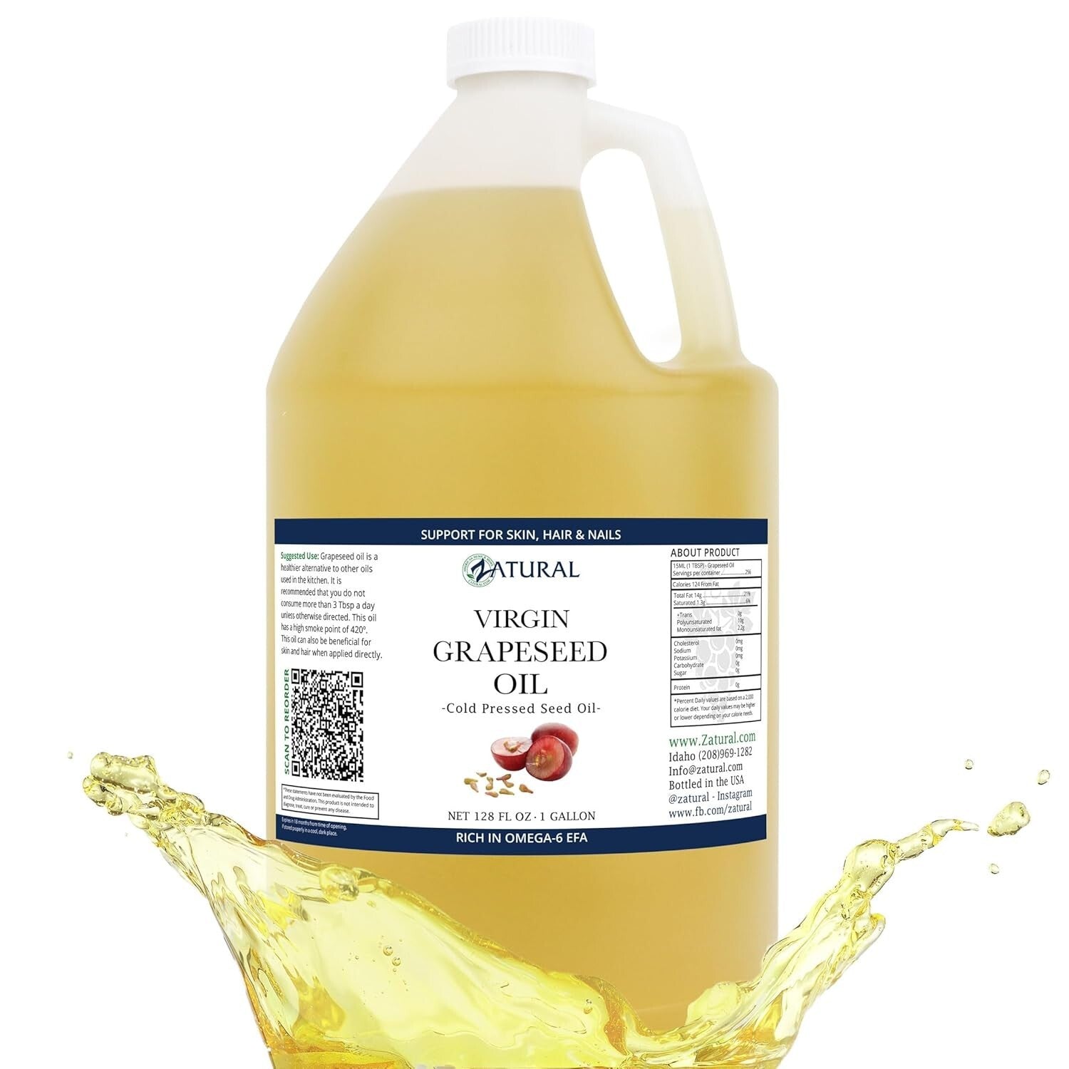 Antioxidant-Rich Cold Pressed Grapeseed Oil for Cooking & Skin Care, 1 Gallon