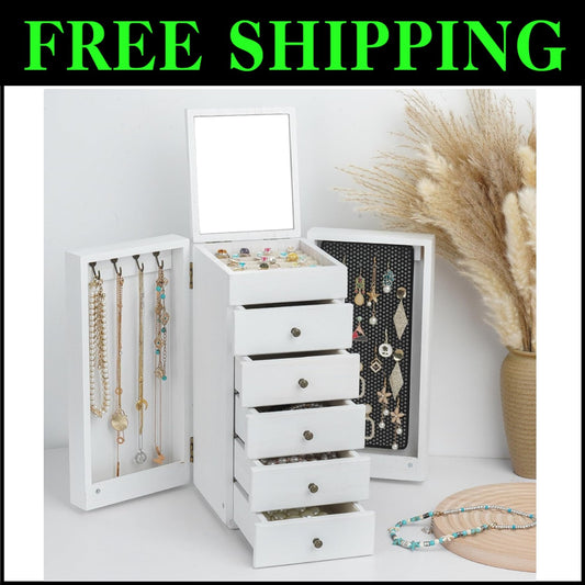 Sturdy White Jewelry Box with 6 Tiers, Mirror & Earring Display Side Doors