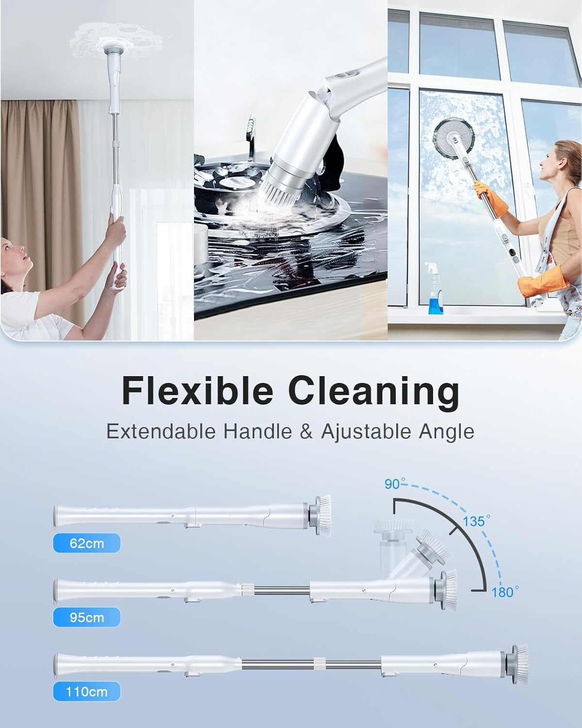 Powerful Cordless Spin Scrubber with 3 Lengths & 5 Brush Heads for Easy Cleaning