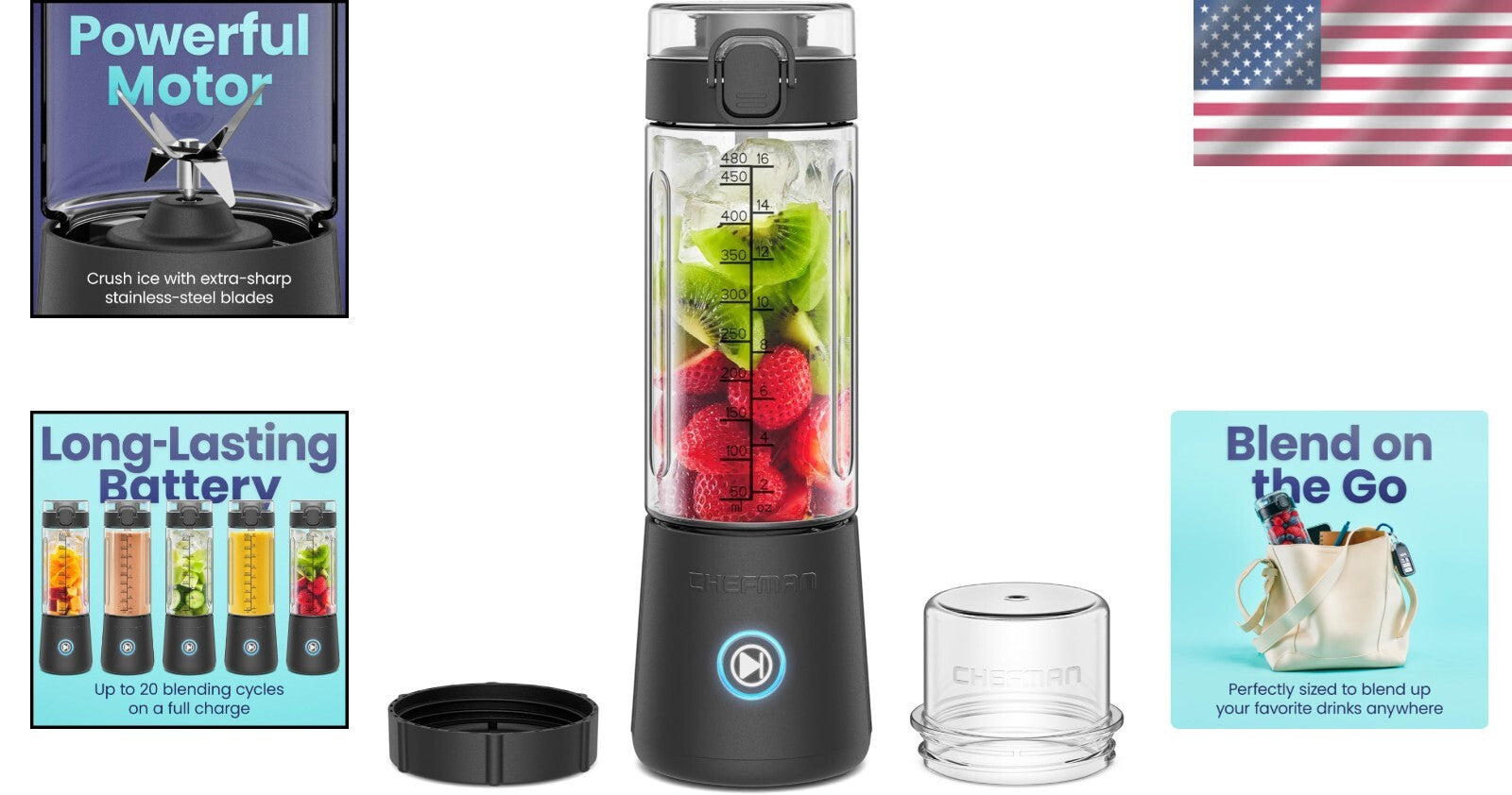 Cordless Portable Blender - USB Rechargeable, 16 oz BPA-Free with LED Indicator