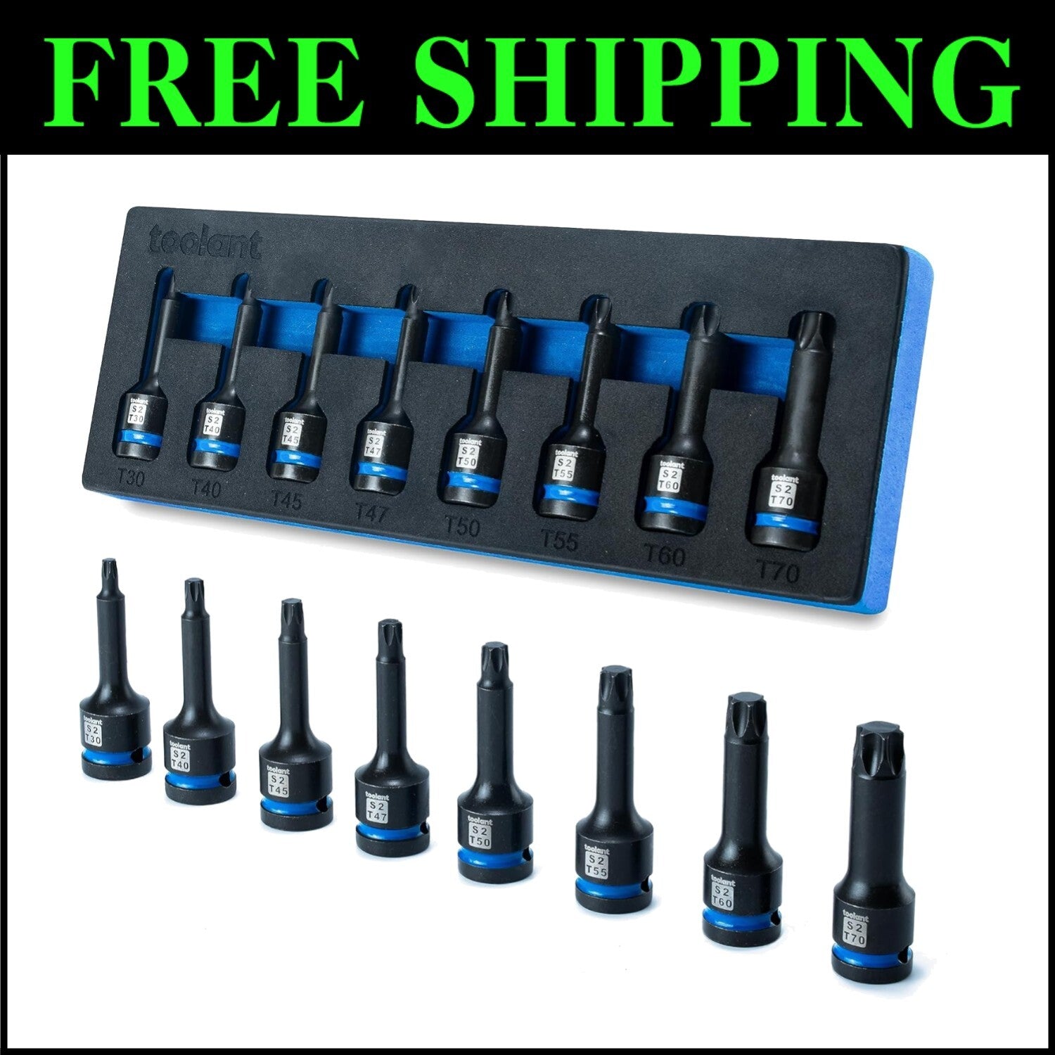 Impact-Resistant Torx Bit Socket Set - 8 Pieces T30-T70 with High Strength Steel