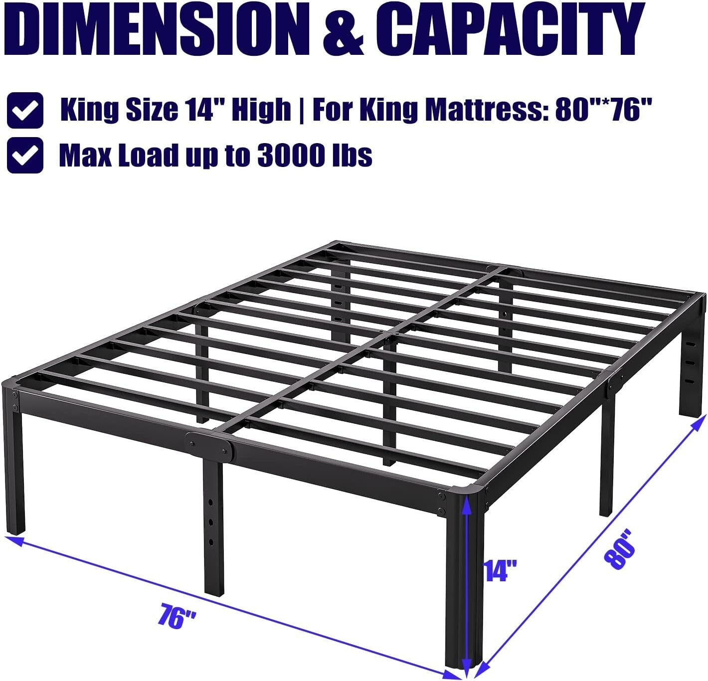 14in High Heavy Duty King Bed Frame - No Box Spring Needed, Easy to Assemble