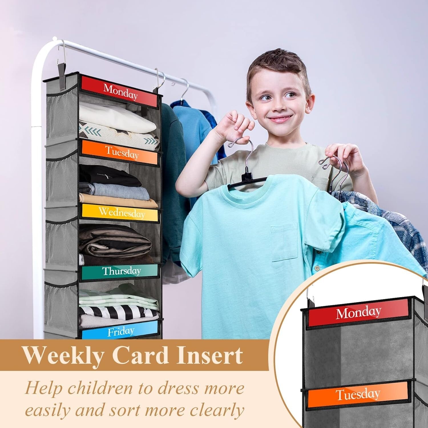 Durable Weekly Clothes Organizer - 2 Pack Hanging Design for Kid's Closet