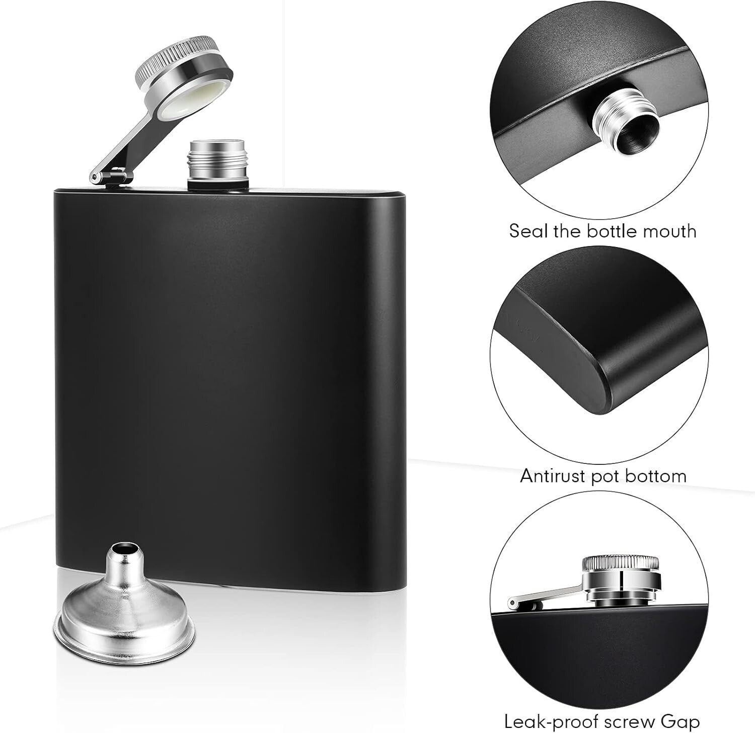 20-Piece Matte Black Stainless Steel Hip Flask Set with Funnels - Leak Proof