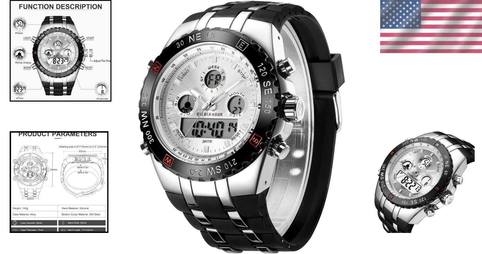 Men's Big Face Luxury Sports Watch - 3ATM Waterproof with Stopwatch & Alarm