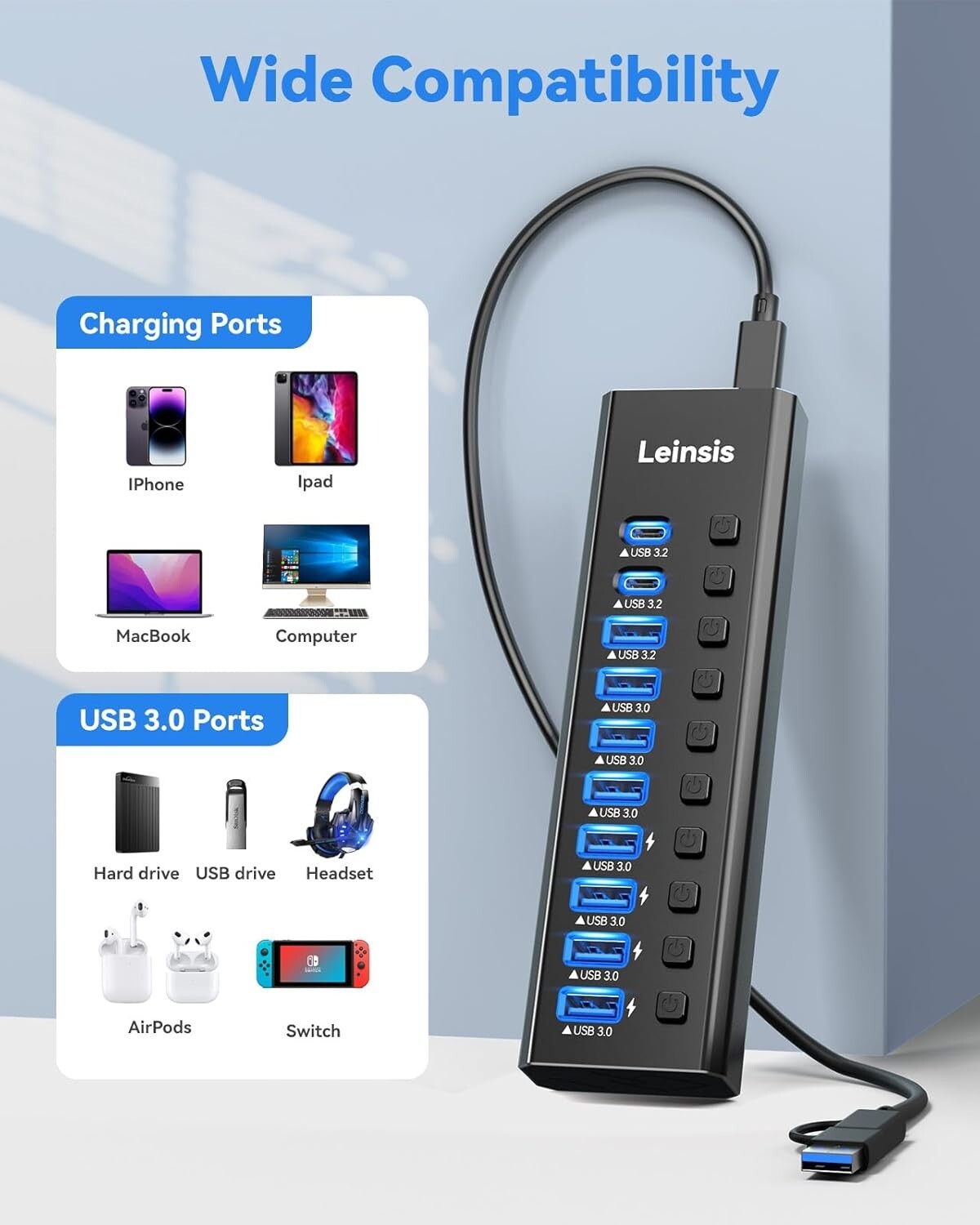 10-Port USB 3.2 Hub with Power Adapter & Individual Switches for Devices