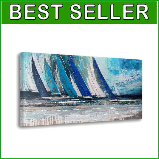 Coastal Blue Sailboat Canvas Art 48inx24in - UV-Resistant Nautical Decor