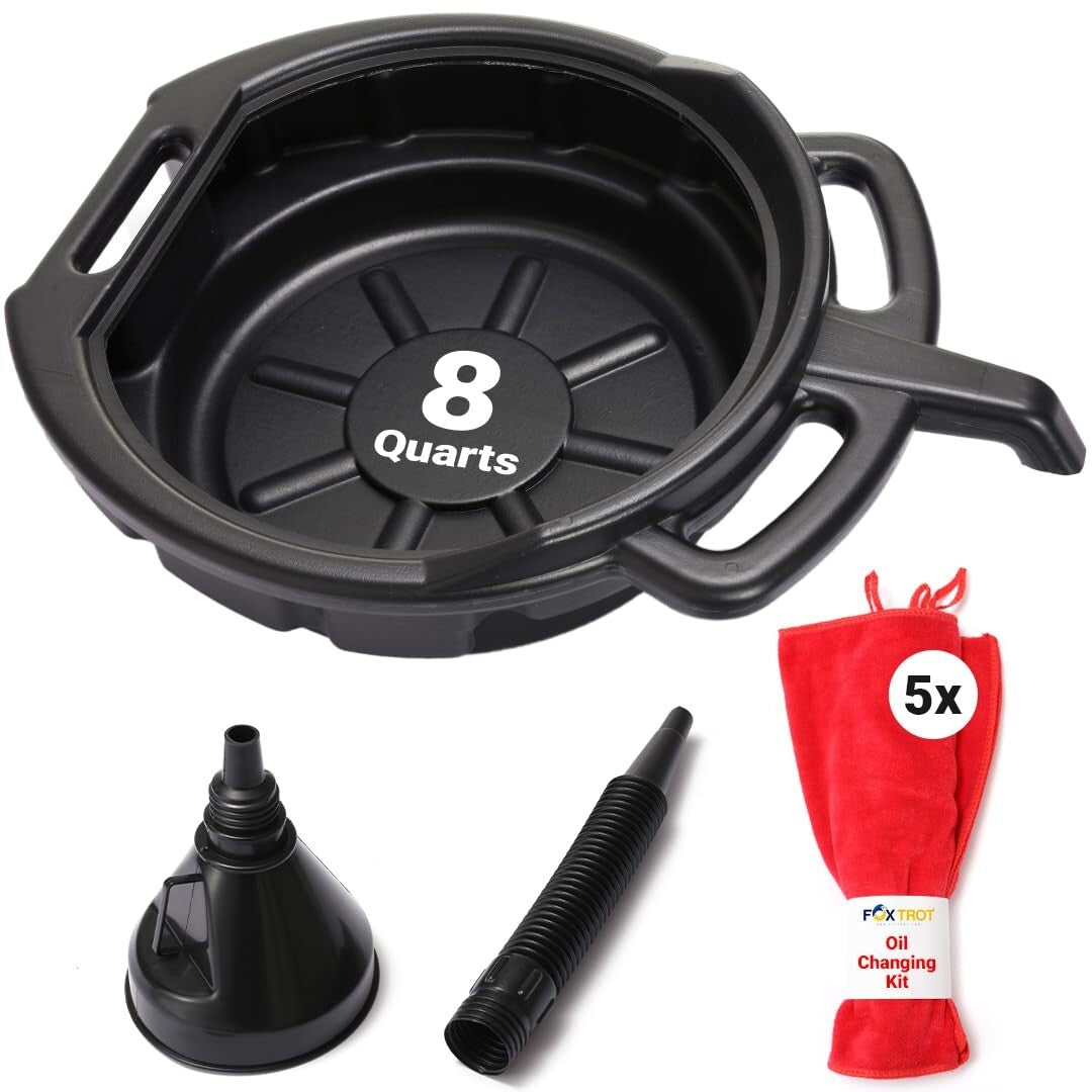 Durable Oil Change Kit with 8 Quart Pan, Funnel & Shop Towels for DIY Mechanics