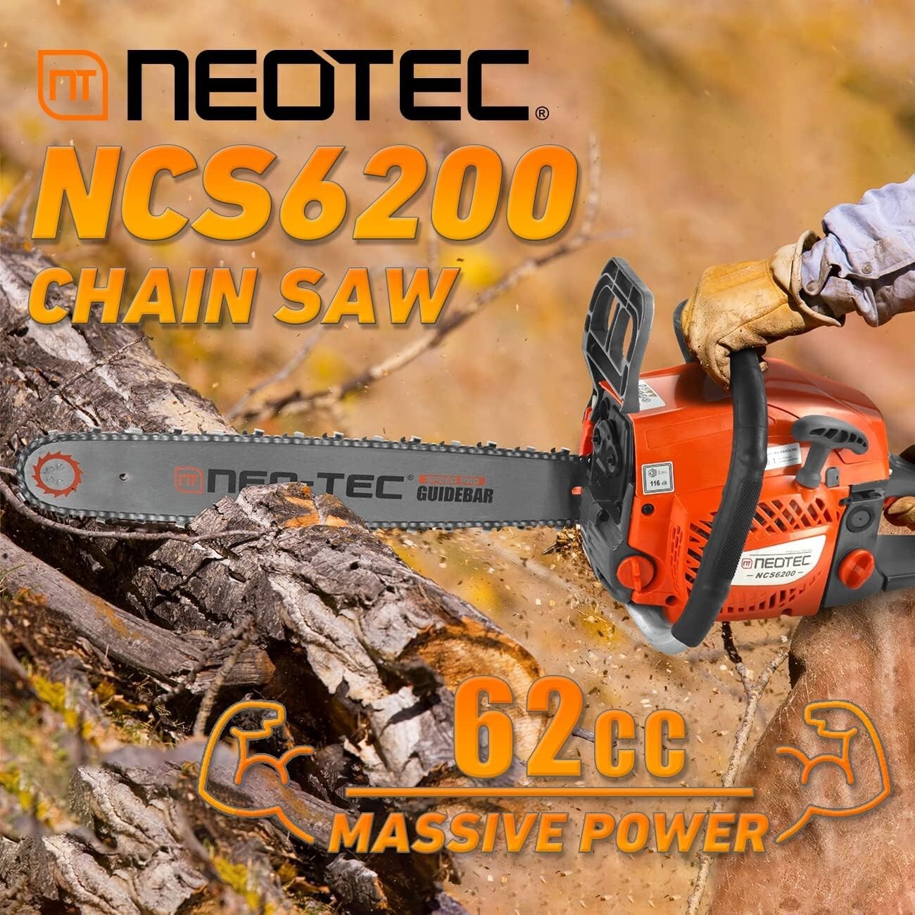 NEOTEC 62CC Gas Chainsaw - Ergonomic 20'' Bar for Effortless Wood Cutting