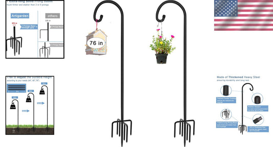 Matte Black 76" Shepherd Hook with 5 Prongs - Sturdy Hanger for Outdoor Decor