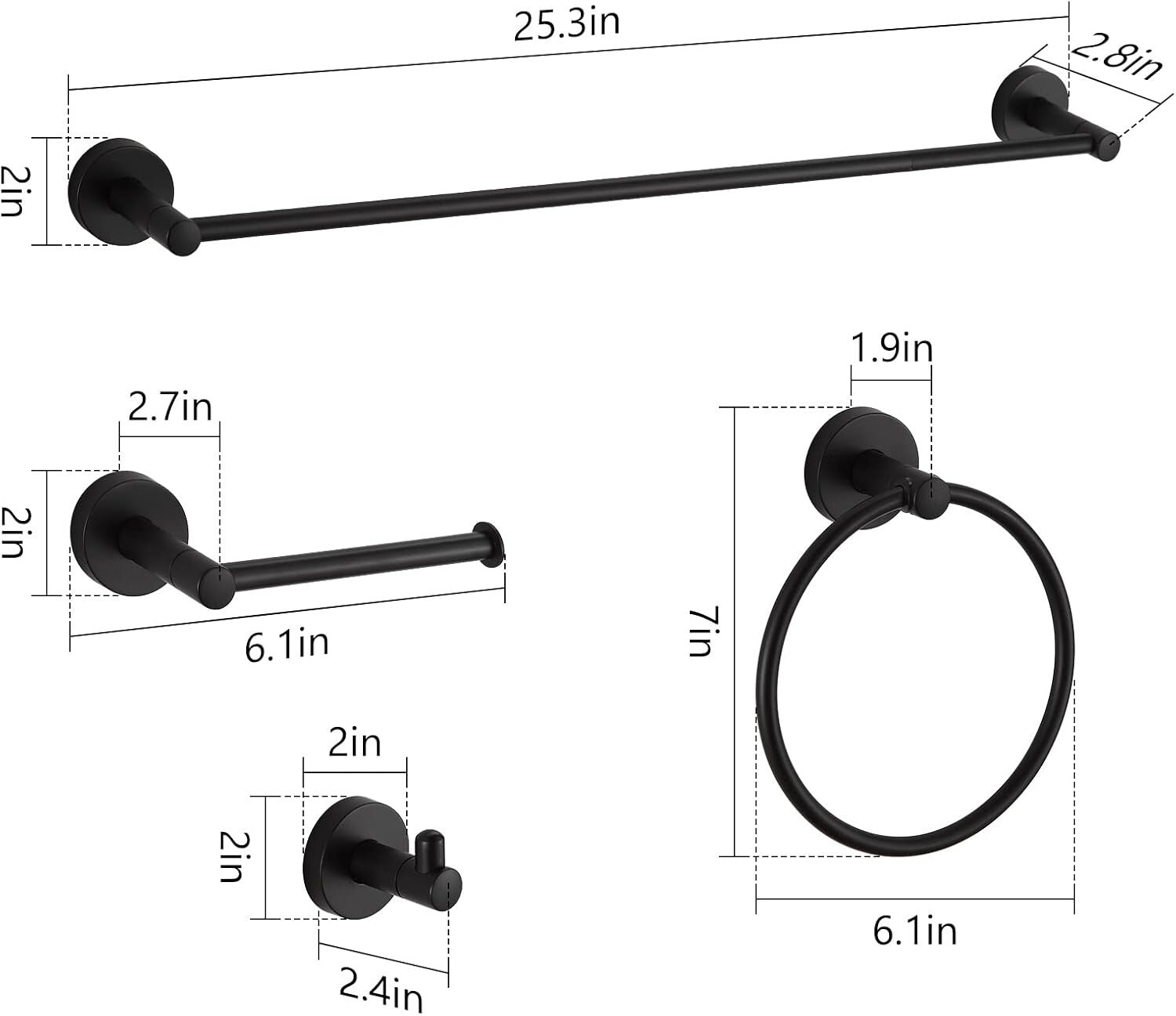 8-Piece Rust-Resistant Matte Black Bathroom Hardware with Adjustable Towel Bars