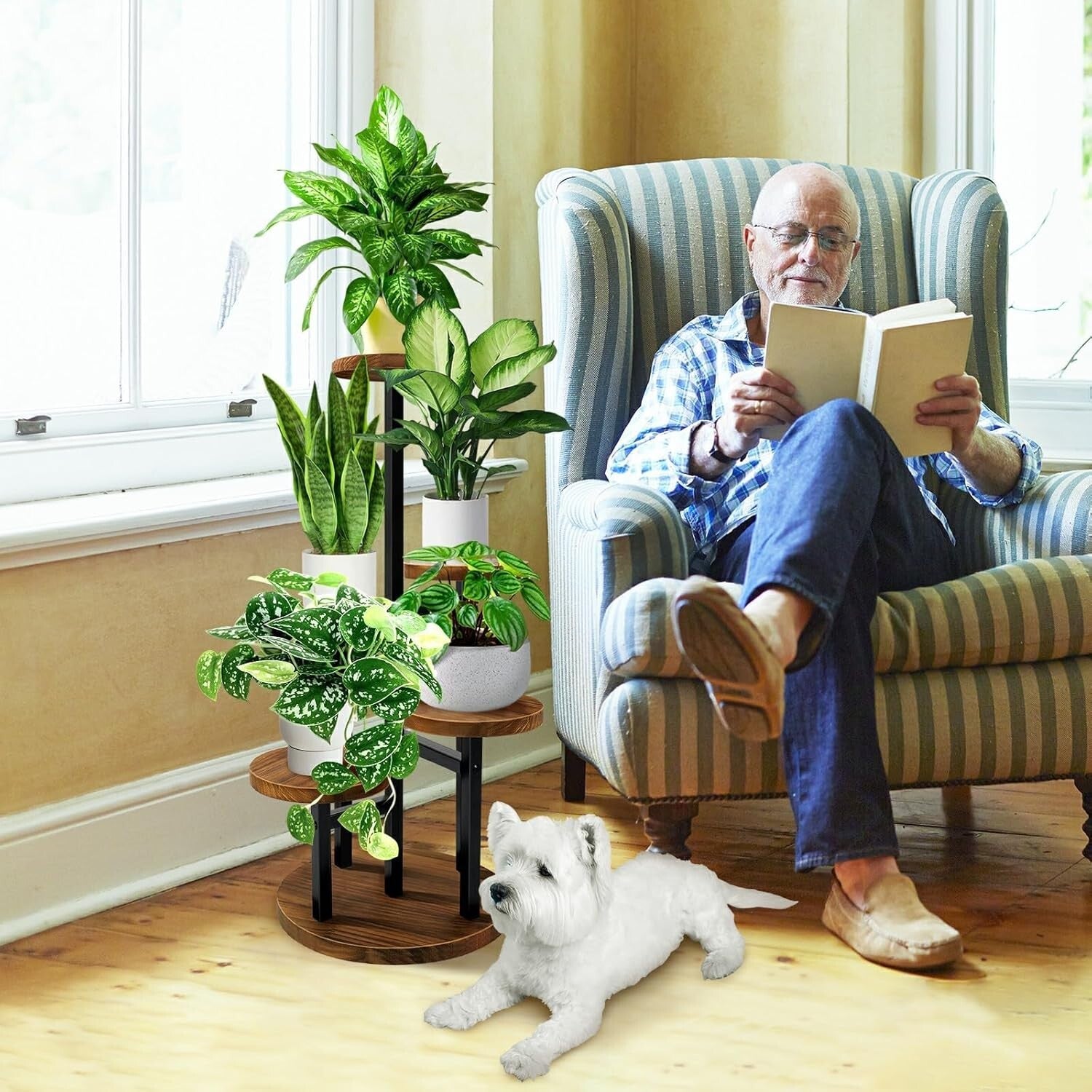 5-Tier Plant Stand - Elegant Metal & Wood Display Rack for Indoor Outdoor Use