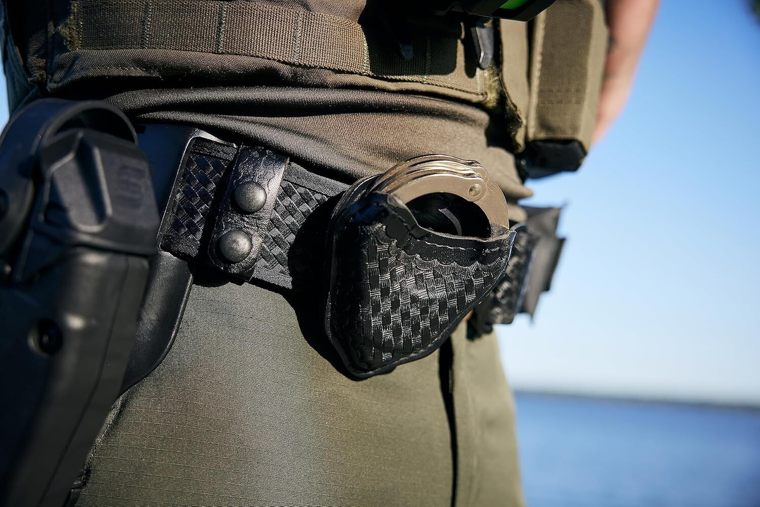 Open Top Handcuff Case for Duty Belt - Durable Black Leather Utility Holder