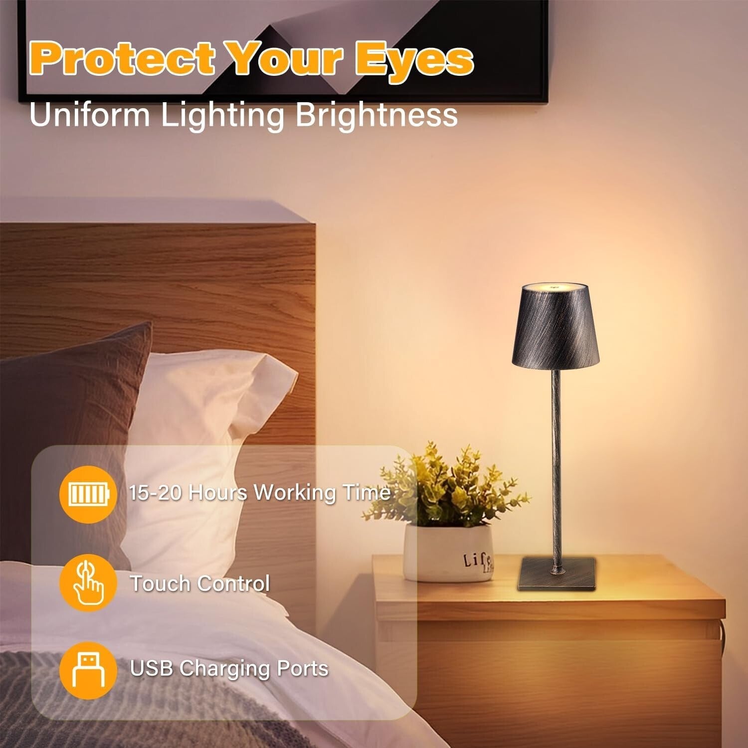 2 Pack Cordless LED Table Lamp - Antique Copper, Stepless Dimming, Rechargeable