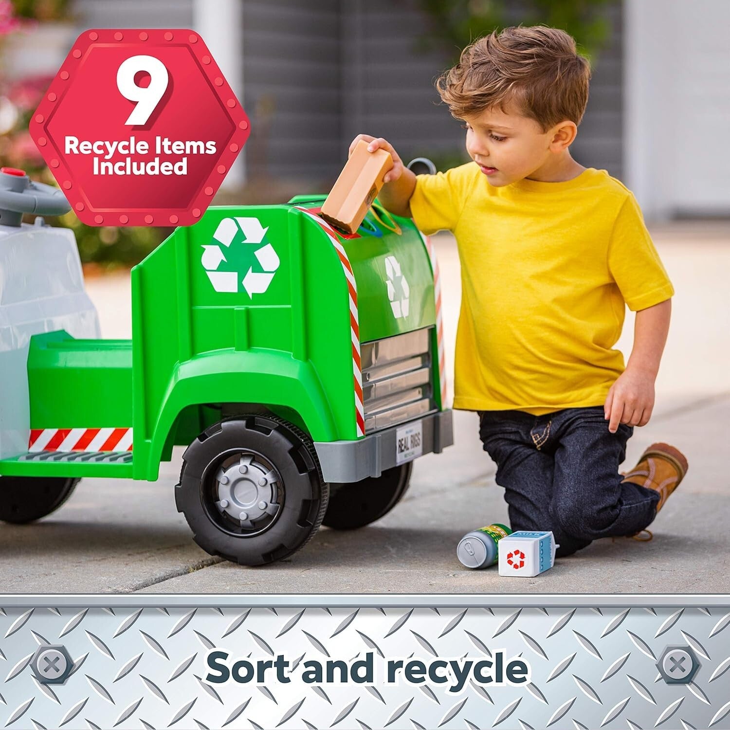 6 Volt Real Rigs Recycling Truck with Sound Effects and 9 Accessories for Kids