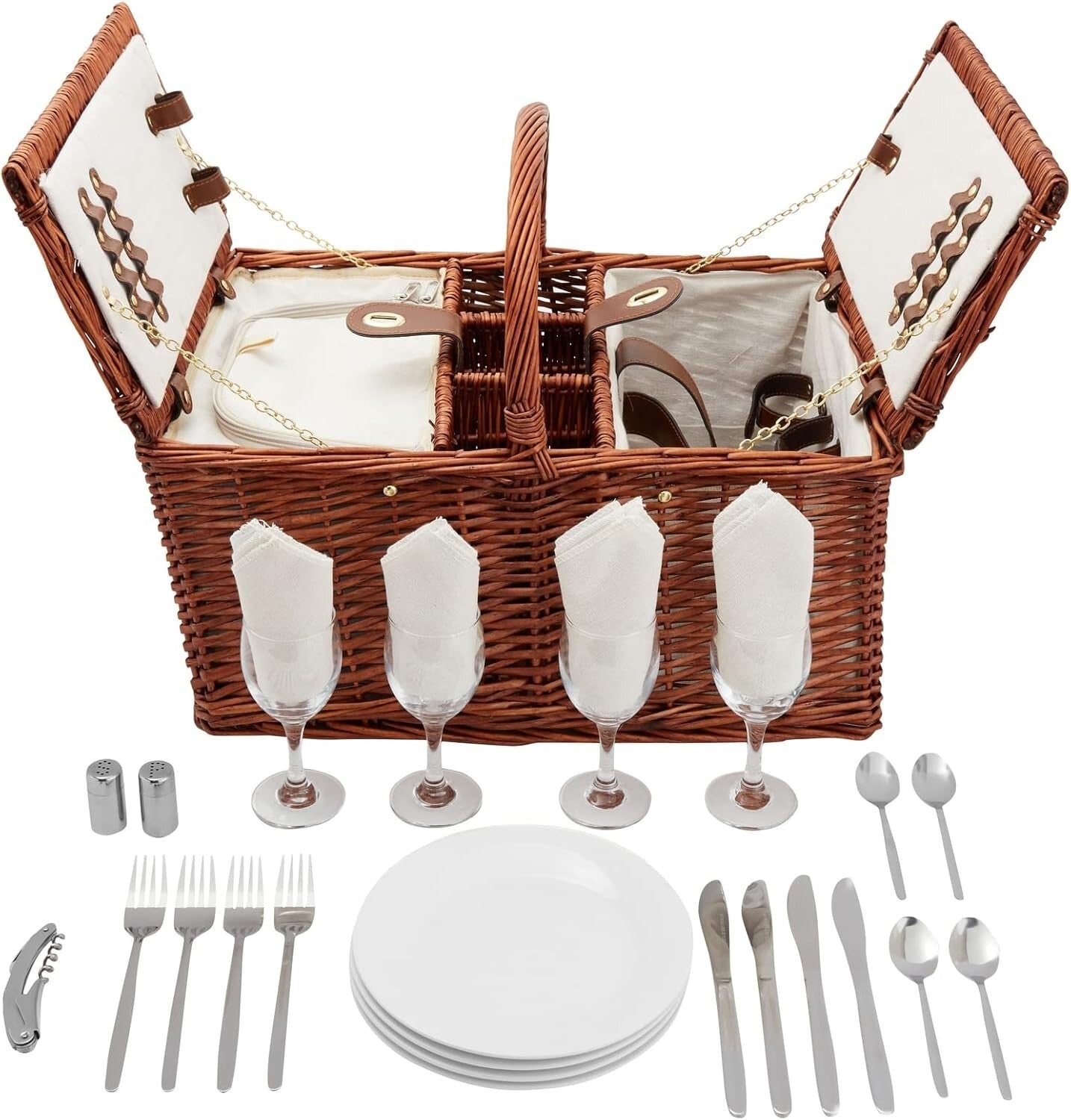 Essential Rustic Wicker Picnic Set for 4 with Insulated Cooler & Glasses