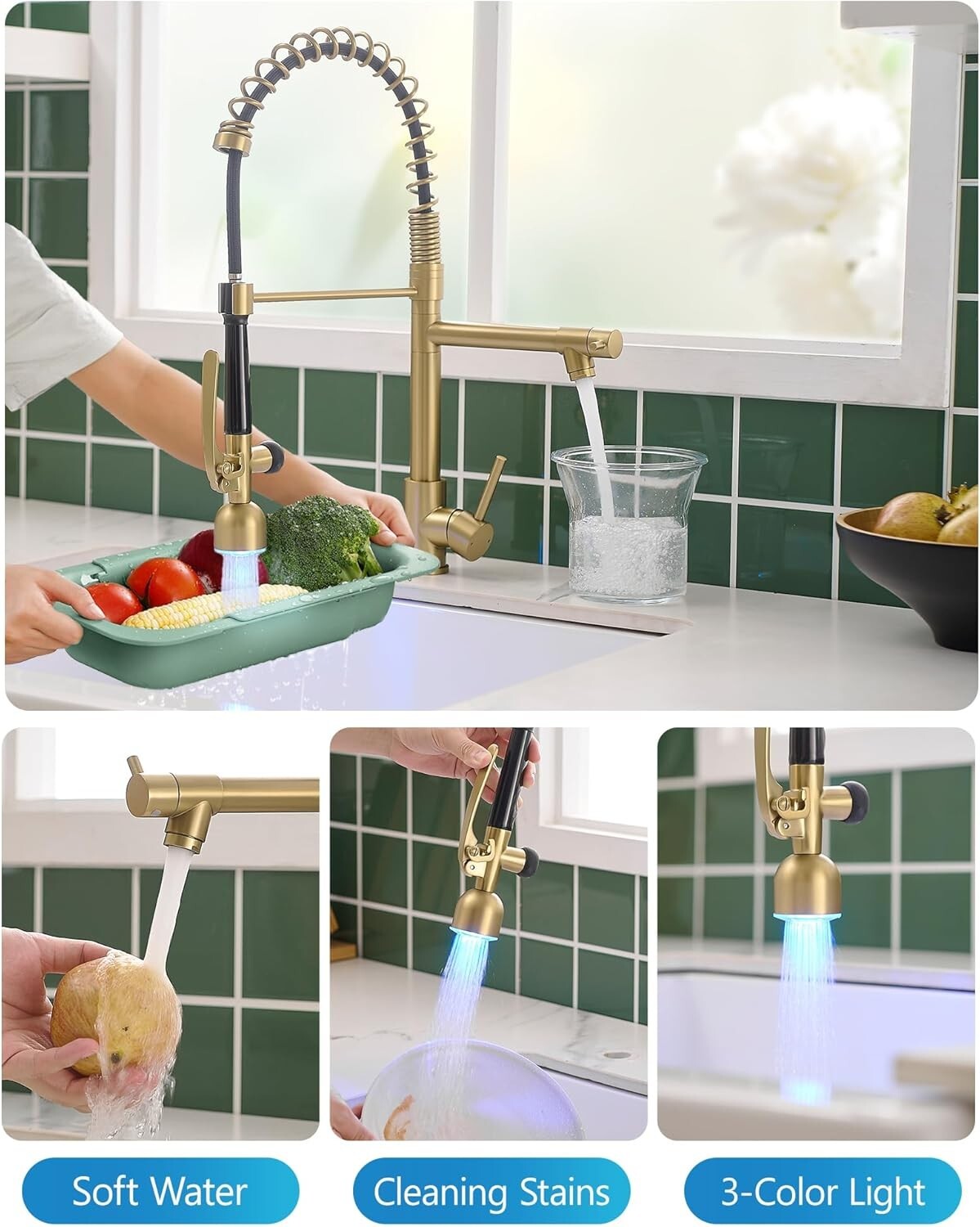 Single Handle Brushed Gold Kitchen Faucet with Temperature-Sensitive LED