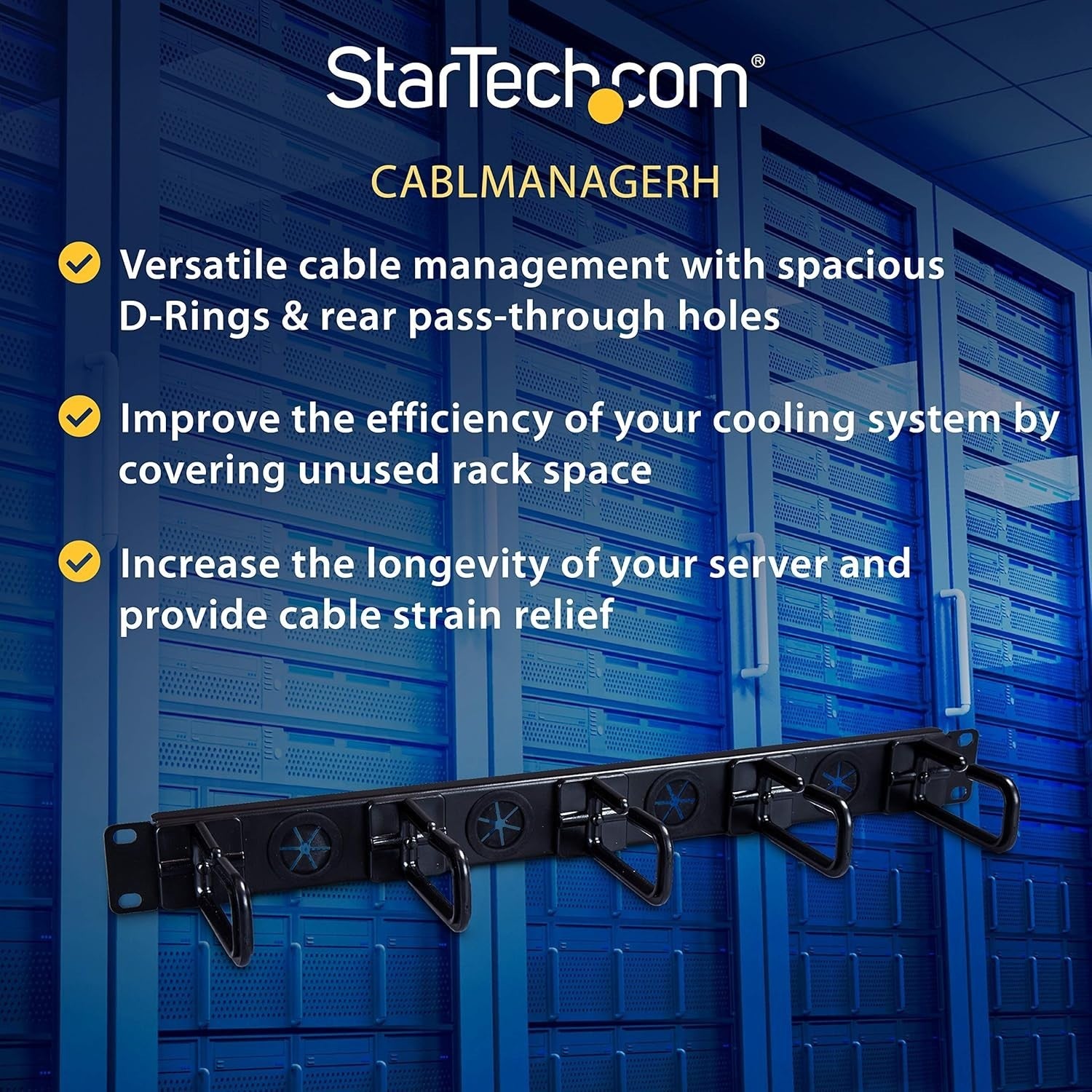 Efficient 1U 19" Cable Organizer: Rack Mount with D-Ring Hooks & Pass-Through