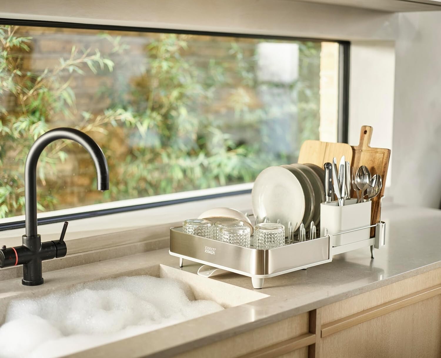 Adjustable Dish Drying Rack with Swivel Draining Spout and Cutlery Organizer