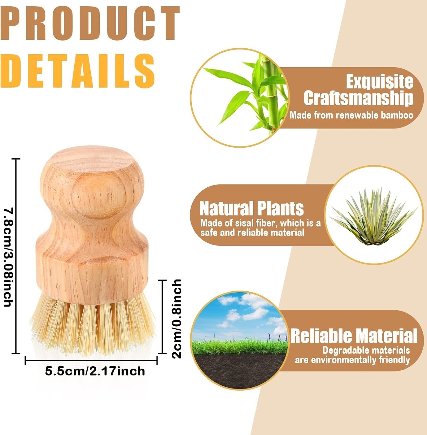 40-Pack Eco-Friendly Bamboo Dish Scrub Brushes with Sisal Bristles - Non-Scratch