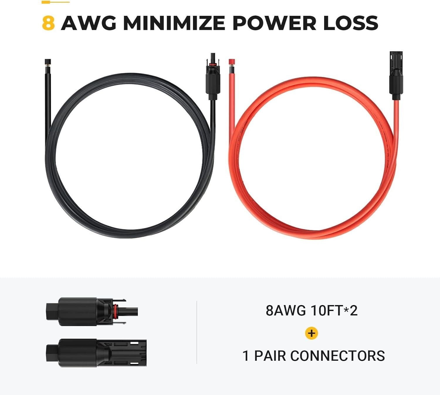 8AWG Weatherproof Solar Extension Cable Kit with Male/Female Connectors - 10ft