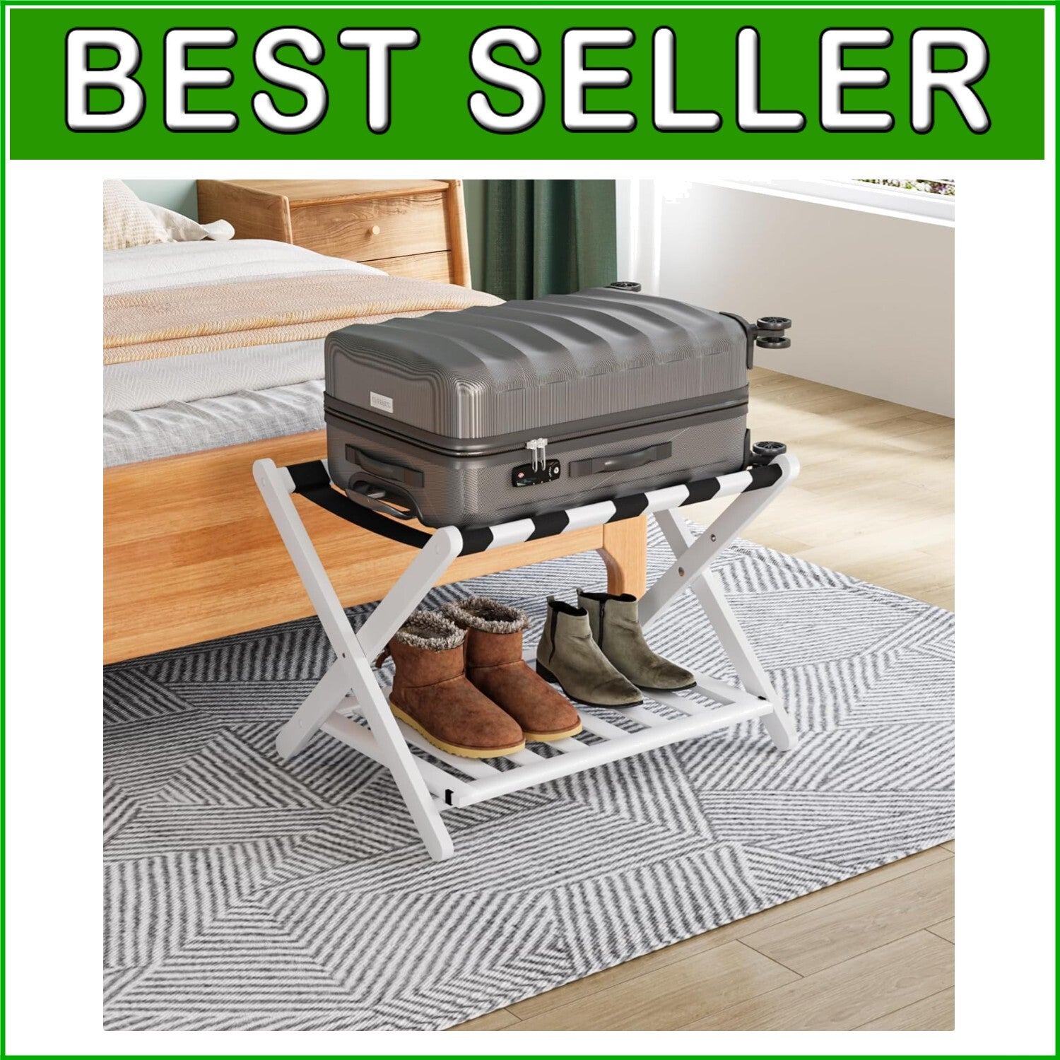 Elegantly Foldable Bamboo Luggage Rack with Upgraded 5 Nylon Straps, 1 Pc