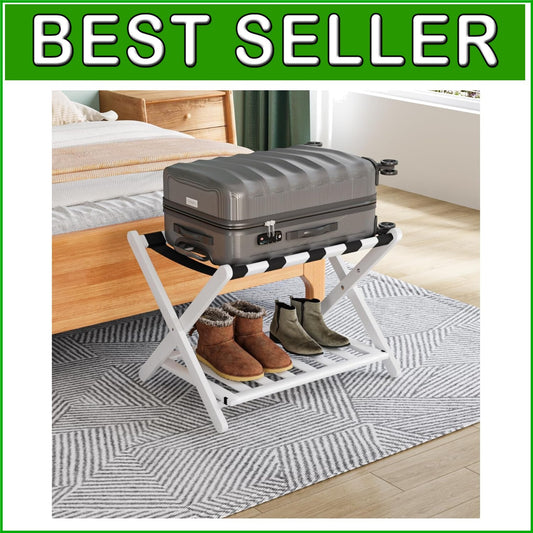 Elegantly Foldable Bamboo Luggage Rack with Upgraded 5 Nylon Straps, 1 Pc