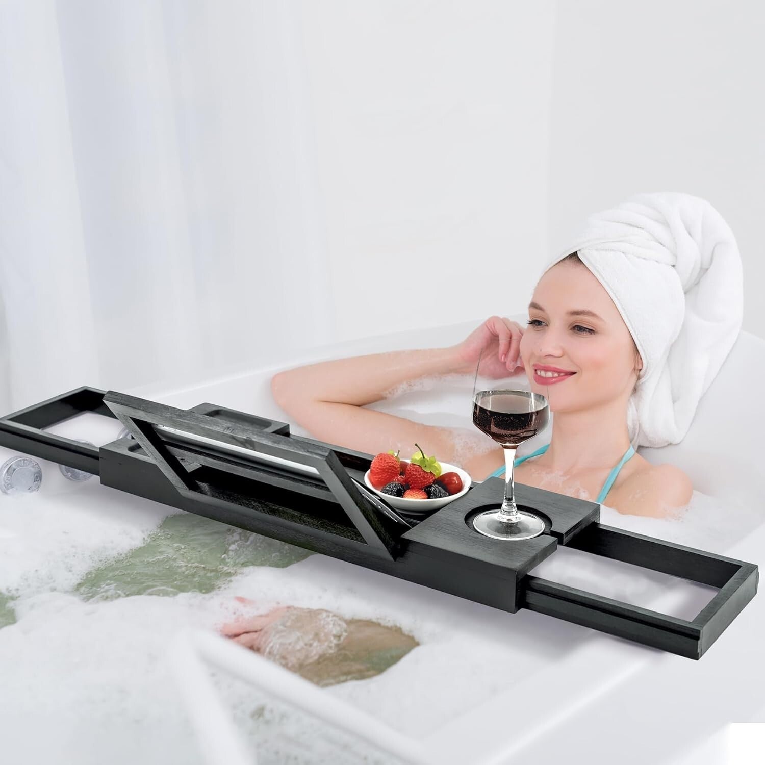 Luxury Bamboo Bath Caddy - Adjustable Tray for Wine Glass, Tablets & Relaxation
