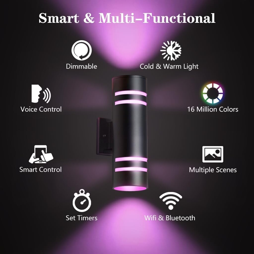 Elegant RGB Up and Down Outdoor Wall Lights - 2 Pack with Smart Control & Safety