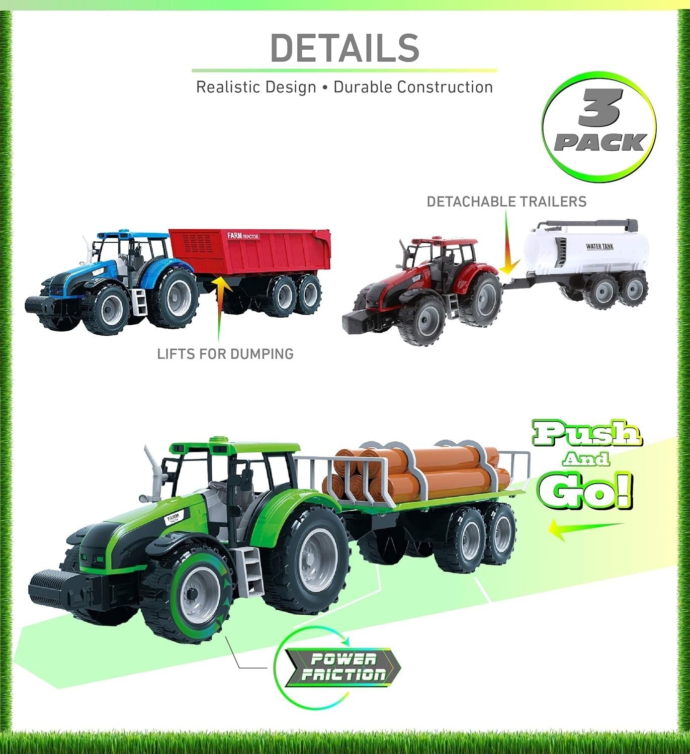 16-Inch Tractor Trailer Play Set - 3 Friction-Powered Farm Vehicles for Kids