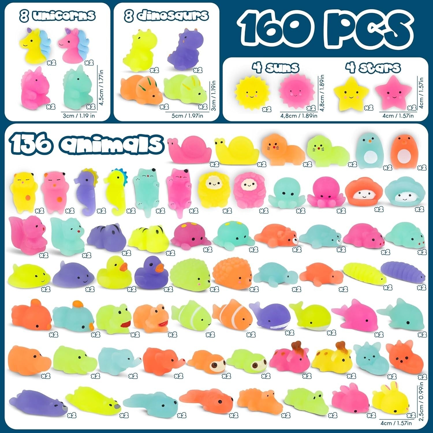 160 Assorted Squishy Fidget Toys with Glow in the Dark - Fun Kids Party Treats