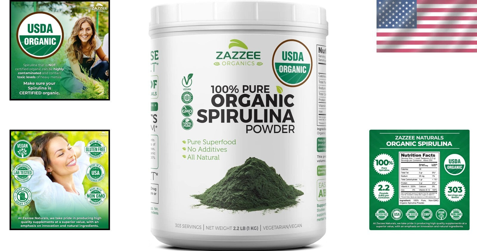 303 Servings of Organic Spirulina Powder 2.2 lbs - Fresh Taste in Convenient Jar