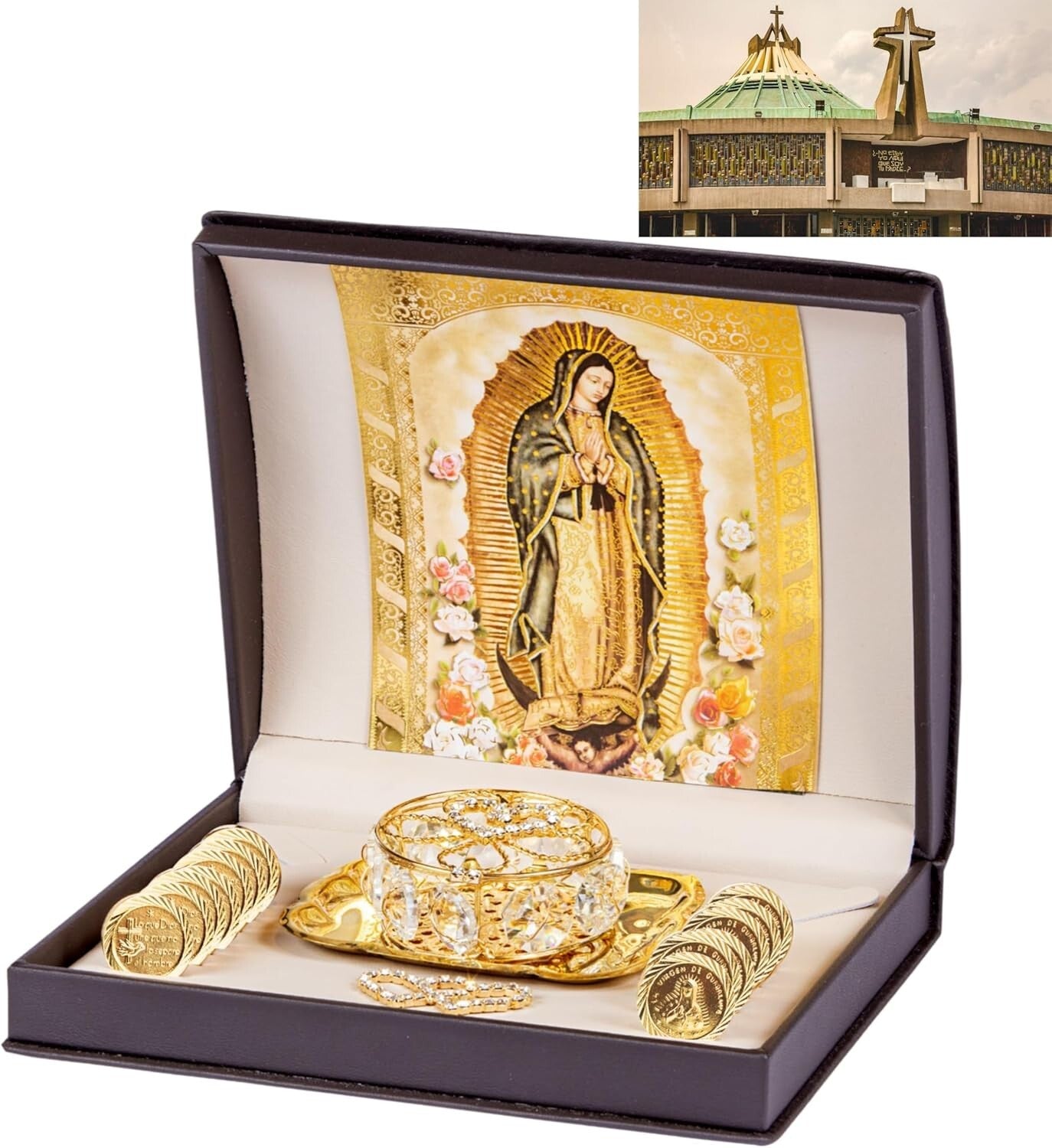 Gold Catholic Wedding Arras Set with Virgen de Guadalupe in Deluxe Gift Box