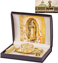 Load image into Gallery viewer, Gold Catholic Wedding Arras Set with Virgen de Guadalupe in Deluxe Gift Box