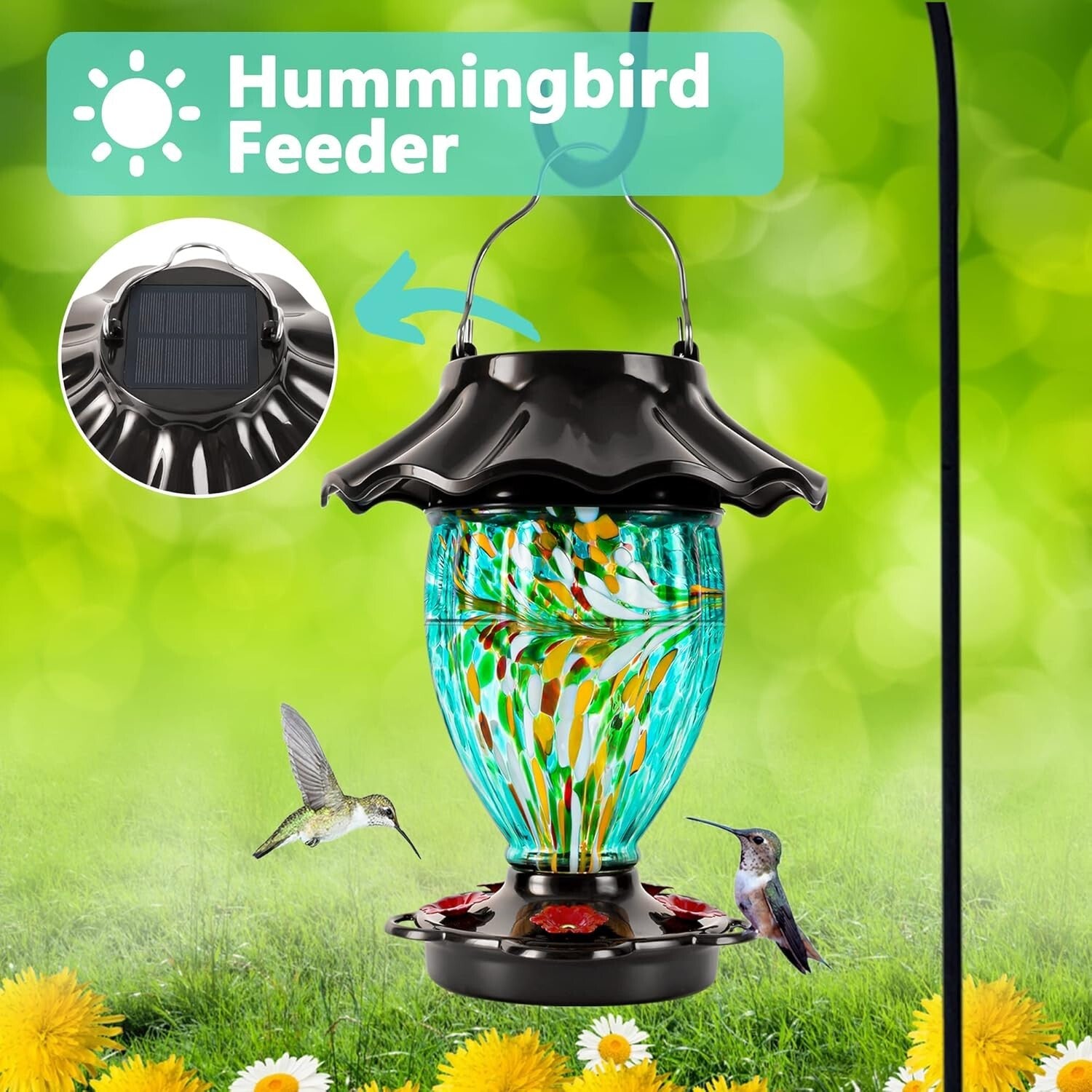 Elegant Solar Color Changing Hummingbird Feeder - 32 fl. oz Hand Blown Glass