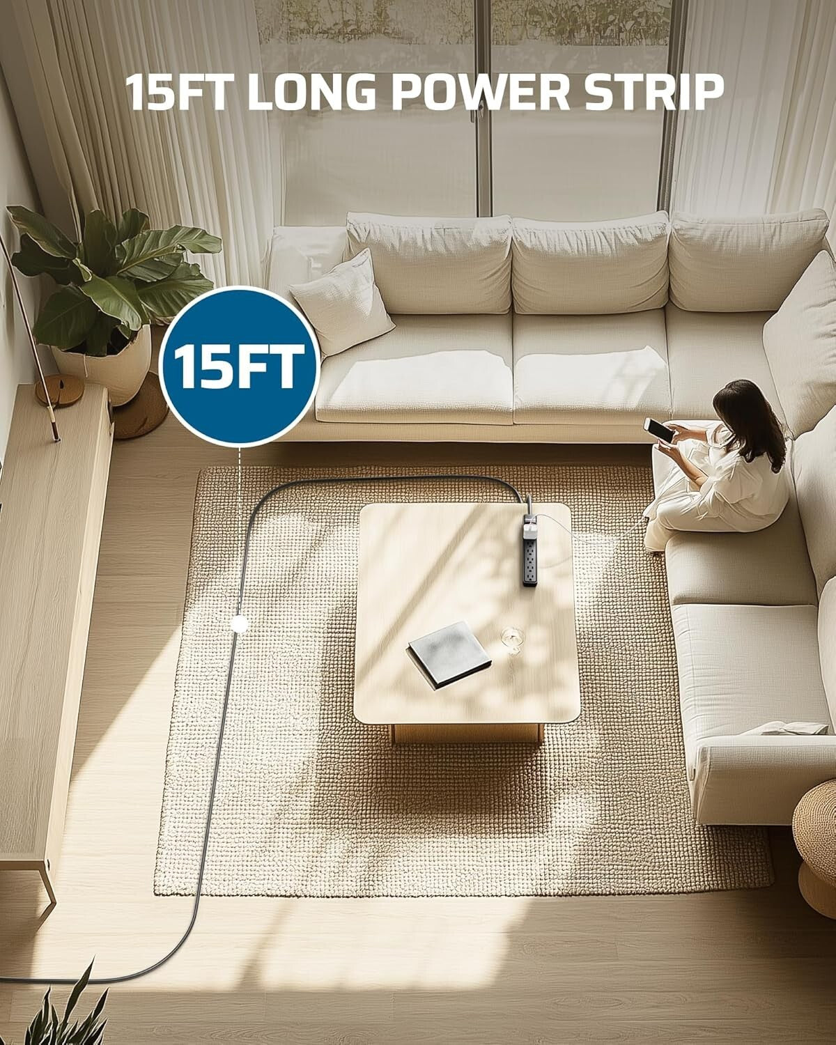 15FT Power Strip with 6 Outlets and Circuit Breaker - UL Listed Safety Features