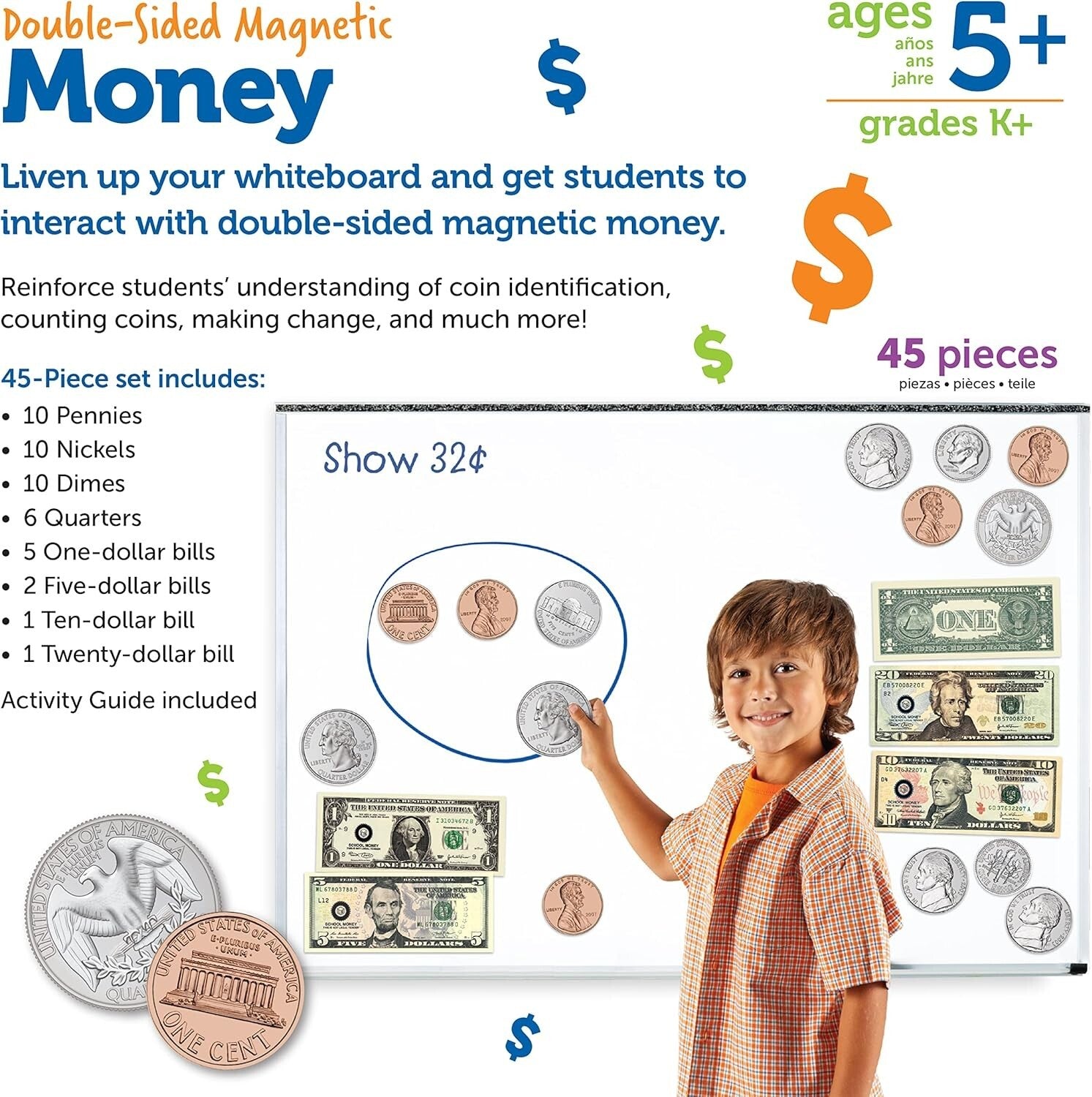 Classroom Essential - Double-Sided Magnetic Money for Teaching Kids Ages 5+